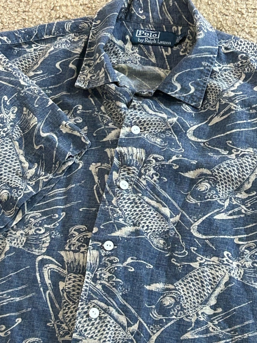 VTG 90’s Polo Ralph Lauren Linen Cotton Blend Koi Fish Button Up Shirt Large - Picture 8 of 8
